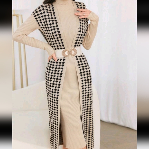 Women Solid Color Turtleneck Long Sleeve Minimalist Dress And Jacquard Cardigan - Picture 4 of 5